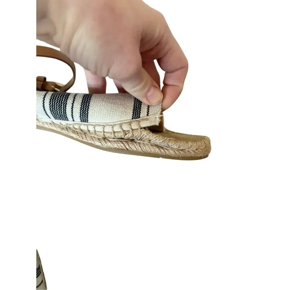 Tory‎ Burch Womens Awning Striped Ivory Blue Espadrilles Sandals Shoes 8